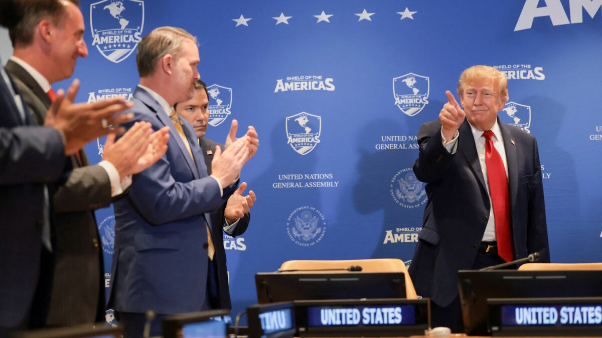 US President Donald Trump points a finger as he participates in a Shield of the Americas event on the sidelines of the 81st United Nations General Assembly (UNGA) in New York City, US, September 22, 2026.