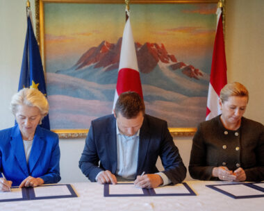 Danish Prime Minister Mette Frederiksen, President of the European Commission Ursula von der Leyen and Greenland's Prime Minister Jens-Frederik Nielsen sign a joint declaration in Nuuk, Greenland, September 7, 2026. Ritzau Scanpix/Mads Claus Rasmussen/via REUTERS