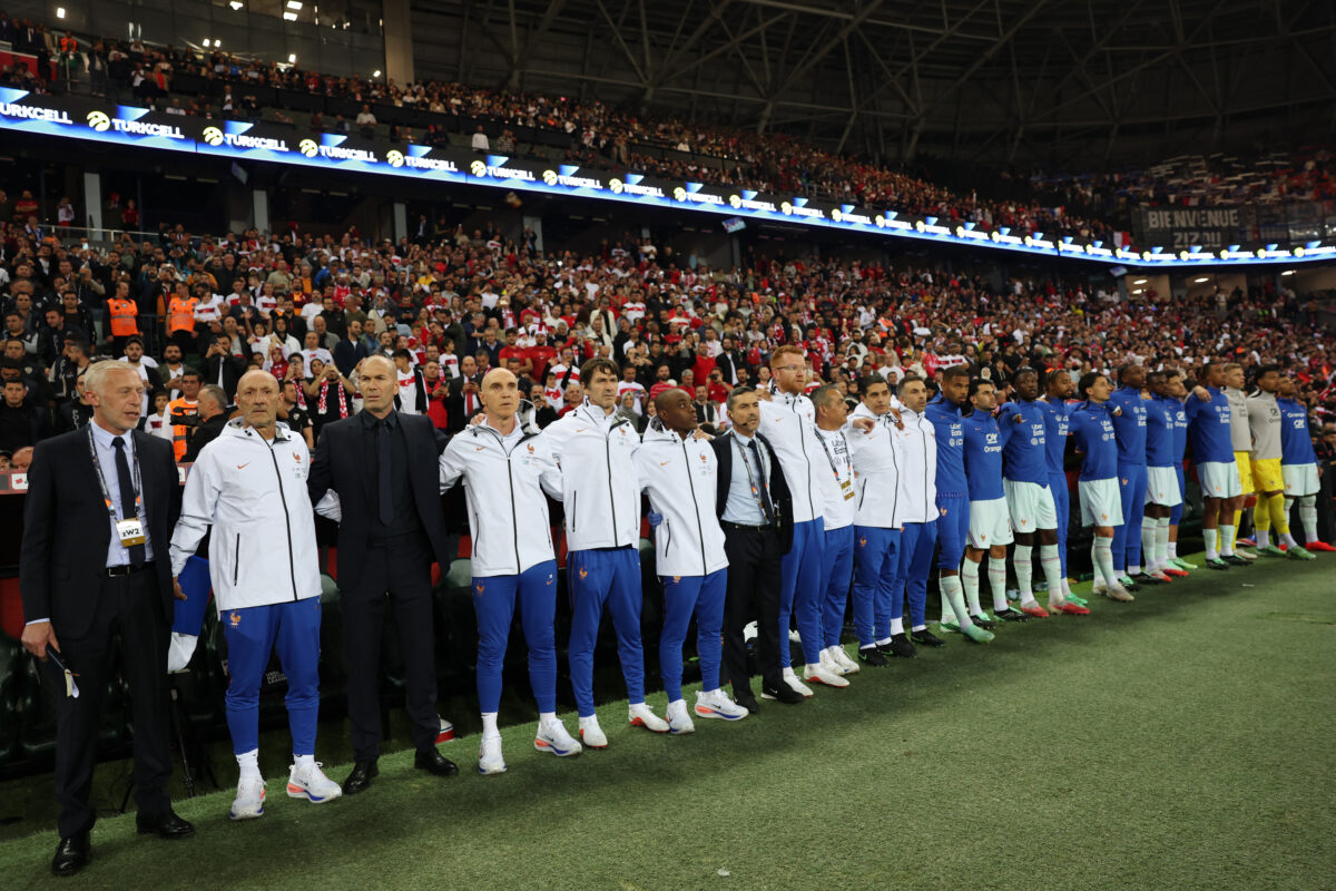 Soccer Football - Nations League - Group A - Turkey v France - Kocaeli Stadium, Kocaeli, Turkey - September 25, 2026 France coach Zinedine Zidane and France players during the national anthems before the match REUTERS