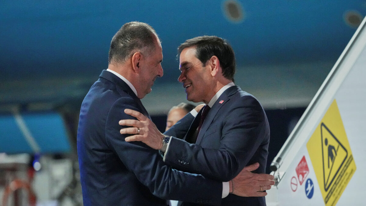 Greek Foreign Minister George Gerapetritis welcomes US Secretary of State Marco Rubio upon his arrival at Eleftherios Venizelos International Airport in Spata, near Athens, Greece, October 6, 2026. Mark Schiefelbein