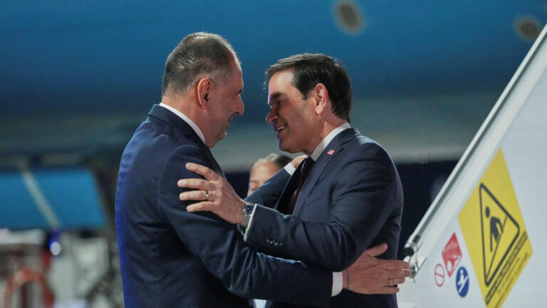 Greek Foreign Minister George Gerapetritis welcomes US Secretary of State Marco Rubio upon his arrival at Eleftherios Venizelos International Airport in Spata, near Athens, Greece, October 6, 2026. Mark Schiefelbein