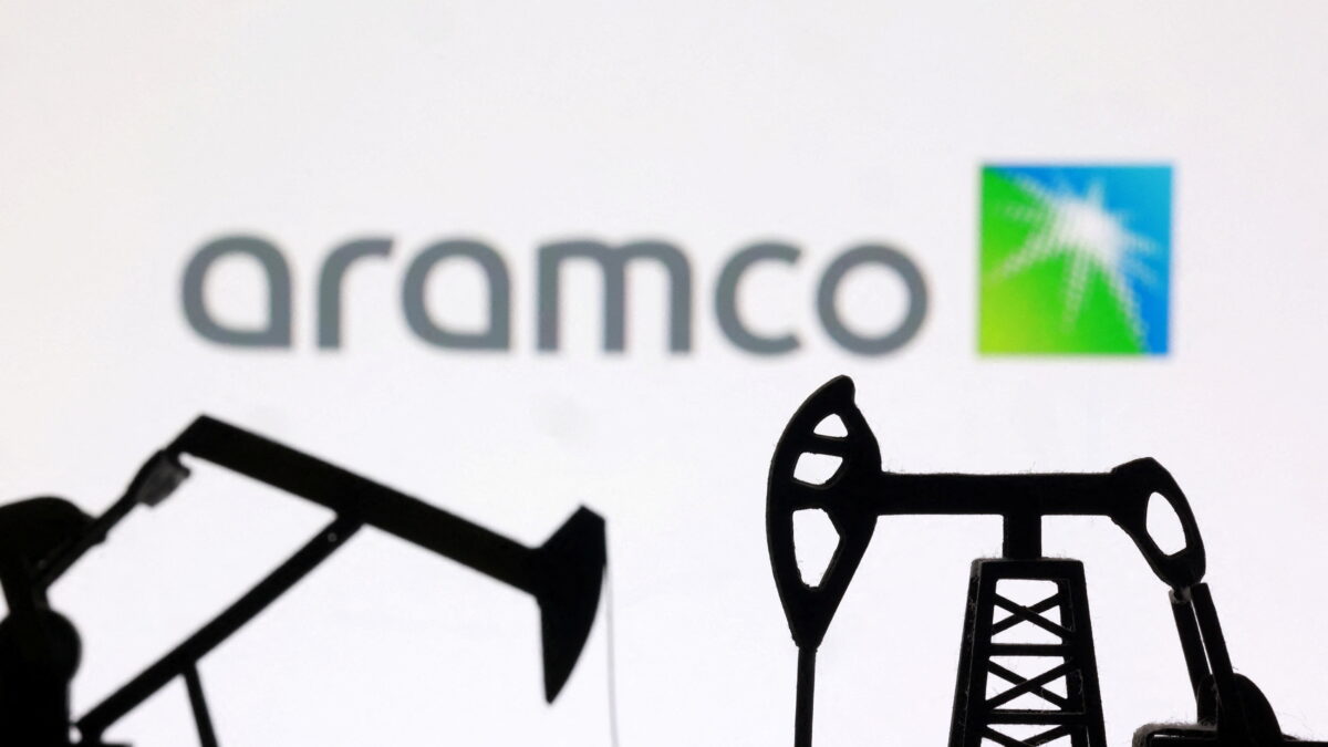 3D-printed oil pump jacks and the Saudi Aramco logo appear in this illustration taken March 2, 2026. REUTERS/Dado Ruvic/Illustration