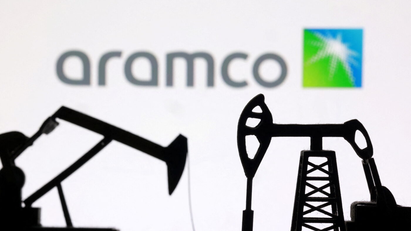 3D-printed oil pump jacks and the Saudi Aramco logo appear in this illustration taken March 2, 2026. REUTERS/Dado Ruvic/Illustration