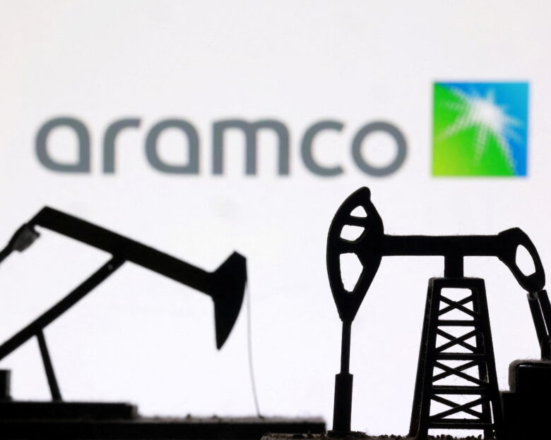 3D-printed oil pump jacks and the Saudi Aramco logo appear in this illustration taken March 2, 2026. REUTERS/Dado Ruvic/Illustration