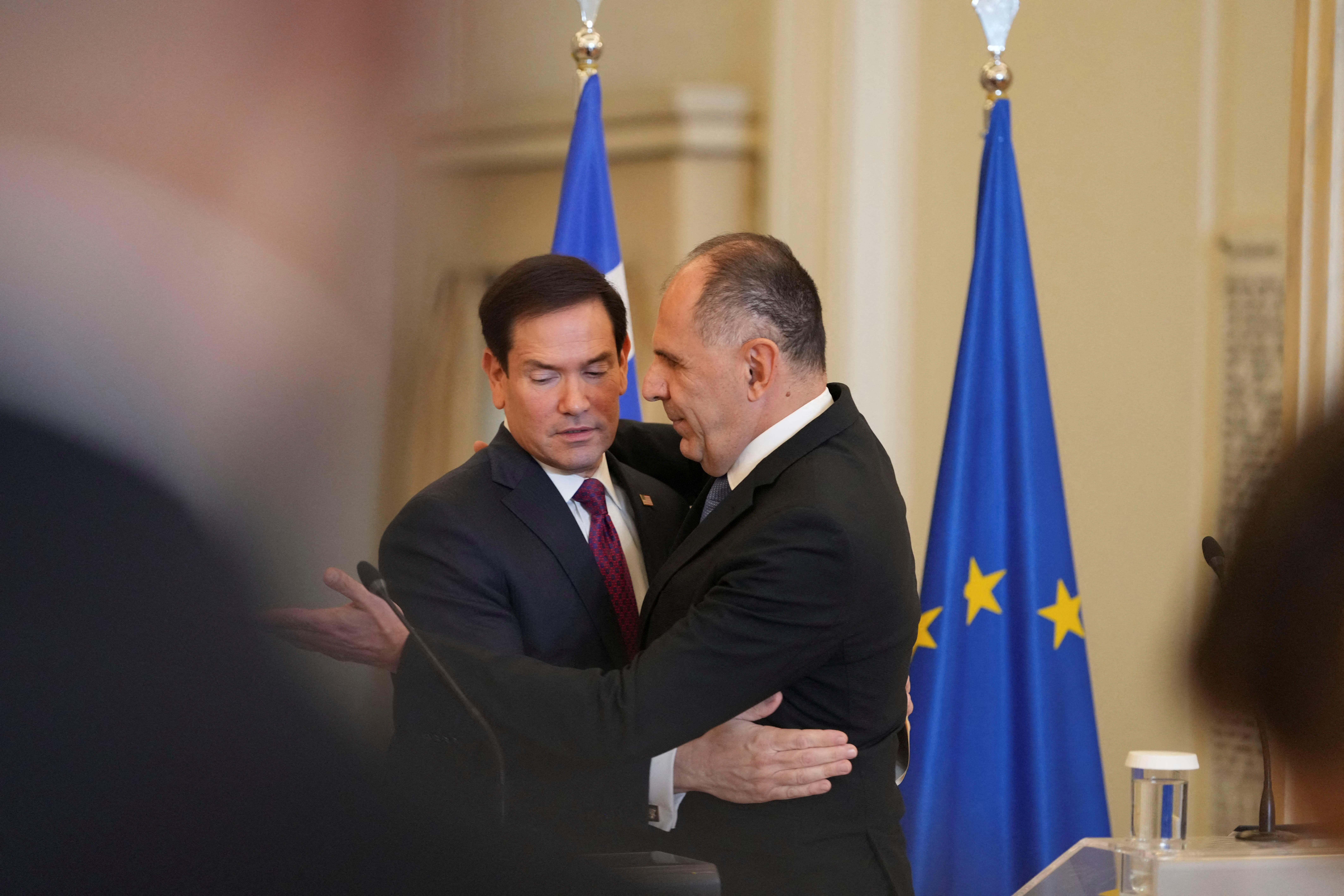 US Secretary of State Marco Rubio visits Greece Greek Foreign Minister George Gerapetritis right, embraces US Secretary of State Marco Rubio at the end of a joint press conference at the Ministry of Foreign Affairs, Wednesday, Oct. 7, 2026, in Athens, Greece. Mark Schiefelbein/Pool via REUTERS