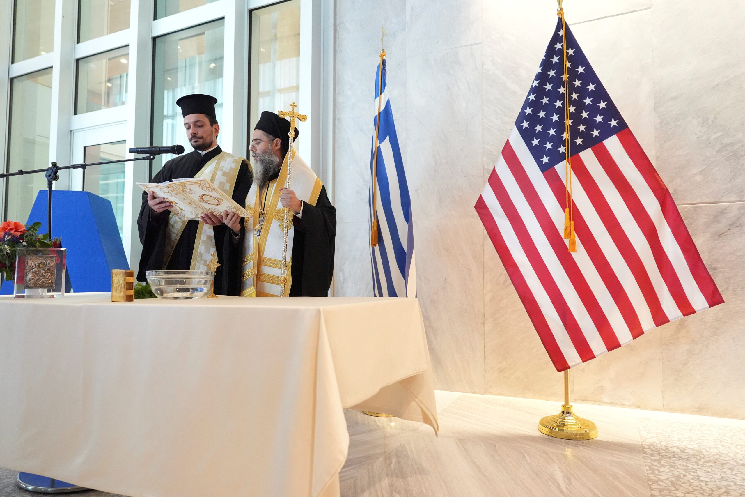 US Secretary of State Marco Rubio visits Greece Bishop of Christoupolis Varnavas Theocharis takes part a dedication ceremony at the chancery of the US Embassy, with US Ambassador to Greece Kimberly Guilfoyle and US Secretary of State Marco Rubio on Wednesday, Oct. 7, 2026, in Athens, Greece. Mark Schiefelbein/Pool via REUTERS