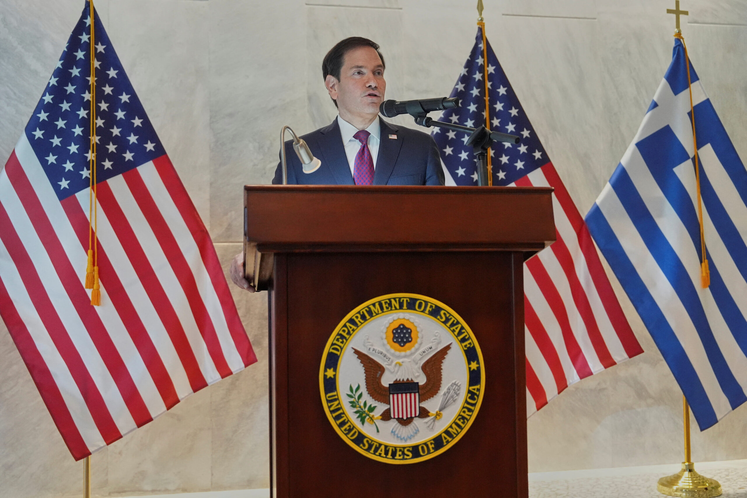 US Secretary of State Marco Rubio visits Greece U.S. Secretary of State Marco Rubio speaks during a dedication ceremony at the chancery of the U.S. Embassy, in Athens, Greece October 7, 2026. Mark Schiefelbein/Pool via REUTERS
