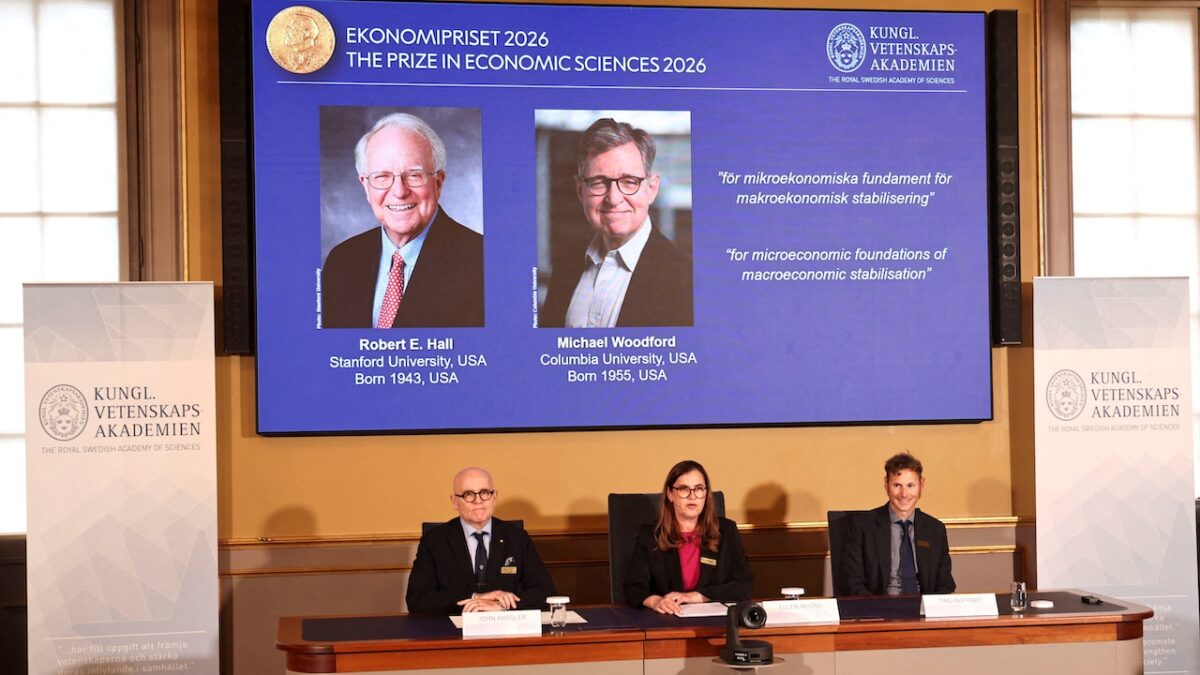 Robert E. Hall and Michael Woodford are announced as the laureates of the 2026 Sveriges Riksbank Prize in Economic Sciences in Memory of Alfred Nobel at the Royal Swedish Academy of Sciences in Stockholm, Sweden, October 12, 2026