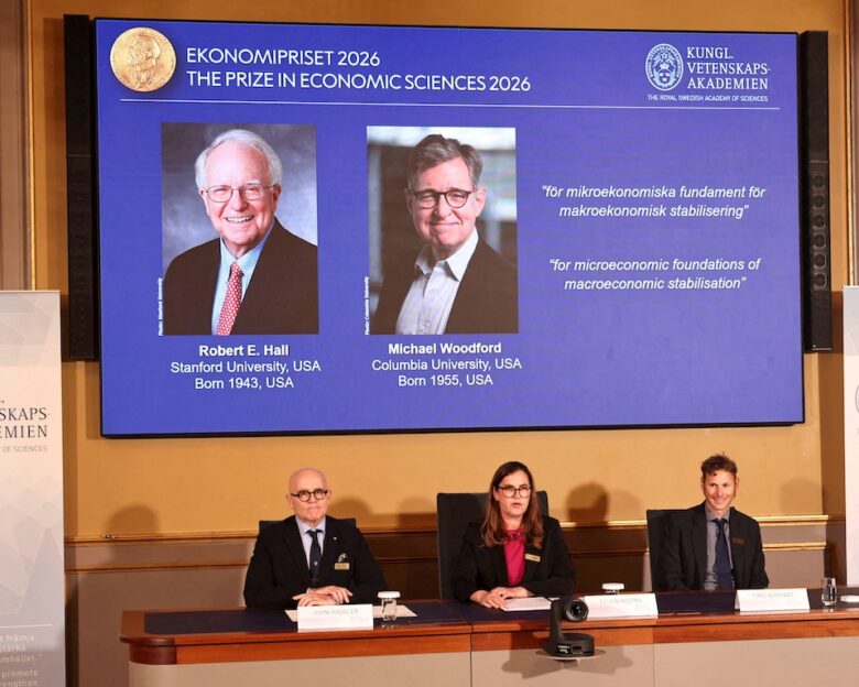 Robert E. Hall and Michael Woodford are announced as the laureates of the 2026 Sveriges Riksbank Prize in Economic Sciences in Memory of Alfred Nobel at the Royal Swedish Academy of Sciences in Stockholm, Sweden, October 12, 2026