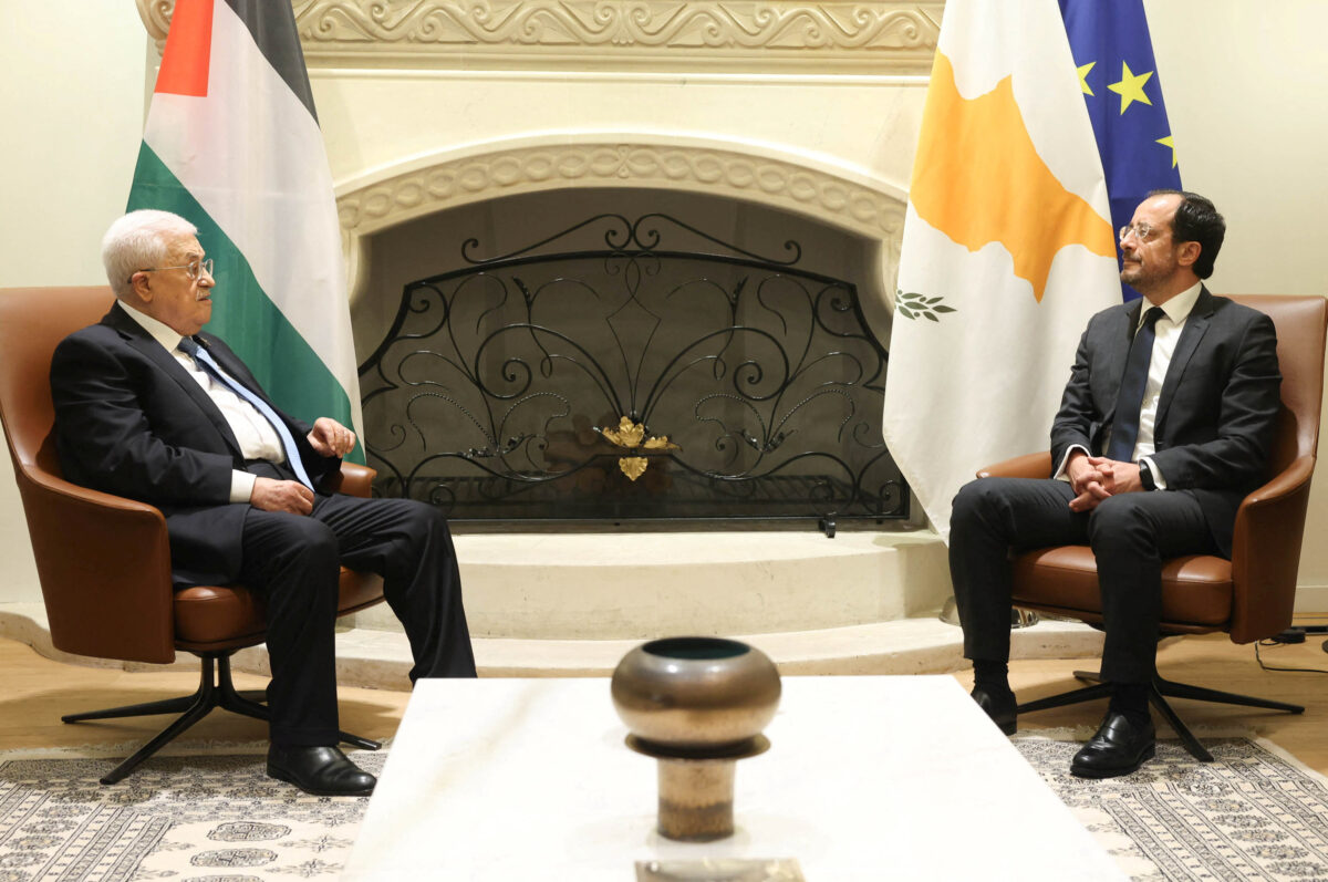 Cypriot President Nikos Christodoulides and Palestinian President Mahmoud Abbas talk during a meeting at the Presidential Palace in Nicosia, Cyprus October 29, 2026. PIO