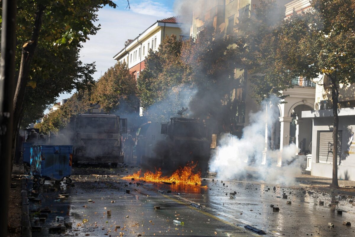Riot police officers stand behind water cannons deployed to disperse demonstrators during an anti-government protest by students in Tirana, Albania, October 17, 2026. REUTERS