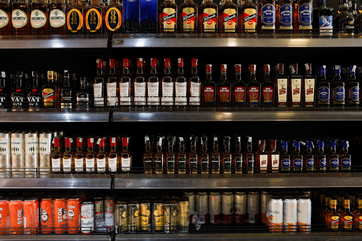 FILE PHOTO: Bottles of alcoholic beverages are displayed on shelves at a liquor store in Bengaluru, India, January 20, 2026.