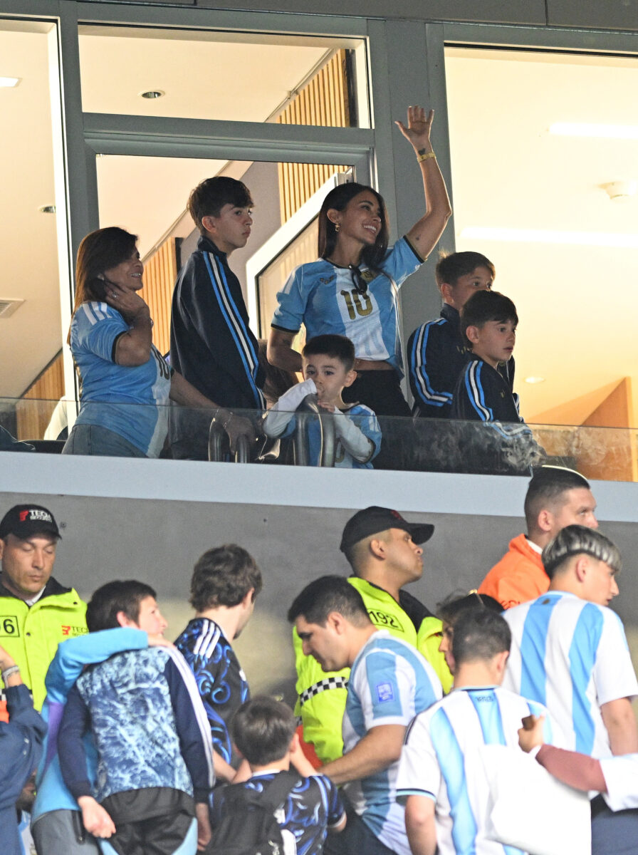 Soccer Football - International Friendly - Argentina v Benin - Estadio Monumental, Buenos Aires, Argentina - October 6, 2026 Argentina's Lionel Messi's wife Antonela Roccuzzo and sons Thiago, Mateo and Ciro in the stands before the match REUTERS