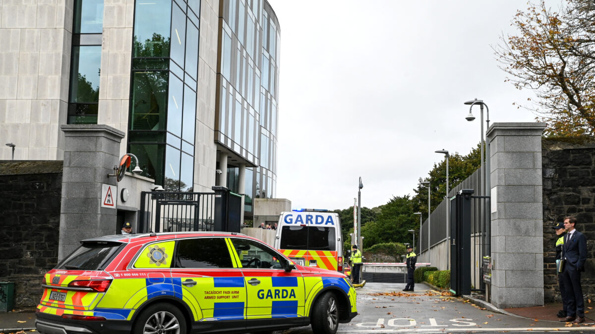 Garda vehicles arrive at the Special Criminal Court, where alleged Irish crime gang boss Daniel Kinahan is due to appear on charges of directing a criminal organisation, in Dublin, Ireland, October 12, 2026. REUTERS/Natalia Campos