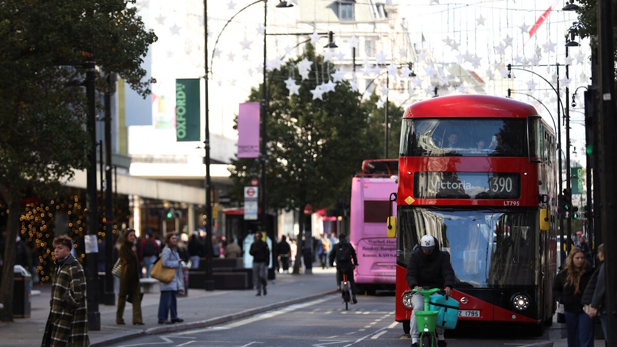 Traffic moves along Oxford Street, ahead of the planned pedestrianisation of a section of the street from October 26, in London, Britain, October 22, 2026.