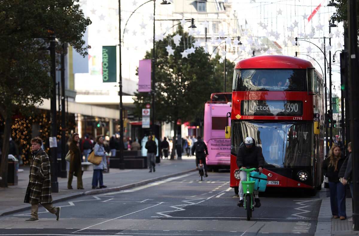 Traffic moves along Oxford Street, ahead of the planned pedestrianisation of a section of the street from October 26, in London, Britain, October 22, 2026.