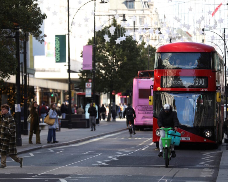 Traffic moves along Oxford Street, ahead of the planned pedestrianisation of a section of the street from October 26, in London, Britain, October 22, 2026.