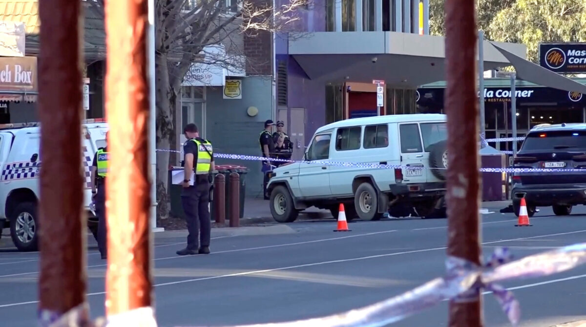 Members of the police stand guard at the crime scene of a vehicle attack on Australian lawmaker Helen Haines in Wangaratta, Australia, October 19, 2026, in this screen grab obtained from a video. Australian Broadcasting Corporation