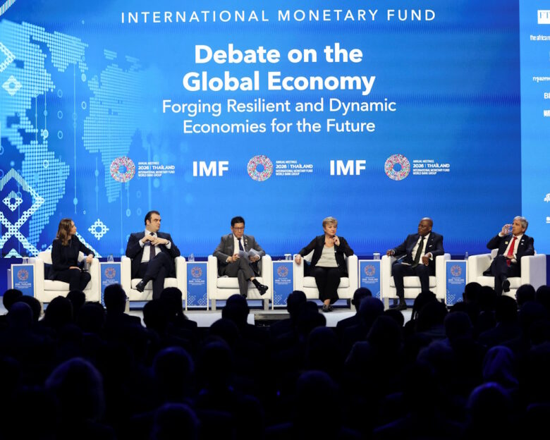 Moderator Lisa Abramowicz, Co-host of “Bloomberg Surveillance”, Kristalina Georgieva, Managing Director of IMF, Kyriakos Pierrakakis, President of the Eurogroup and Minister of Economy and Finance of Greece, Ekniti Nitithanprapas, Deputy Prime Minister and Finance Minister of Thailand, Luis Caputo, Minister of Economy of Argentina, and Olayemi Cardoso, Governor of Central Bank of Nigeria attend a seminar on Forging Resilient and Dynamic Economies for the Future, at the IMF/World Bank 2026 Annual Meetings at Queen Sirikit National Convention Center (QSNCC) in Bangkok, Thailand, October 15, 2026
