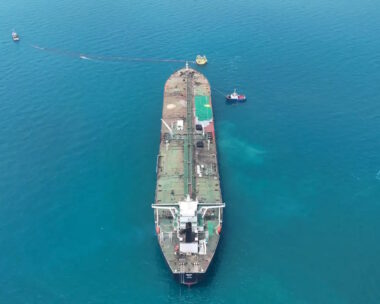 FILE PHOTO: Drone view of oil tanker HELGA berthed at one of Iraq's southern offshore oil terminals near Basra, as it prepares to load crude oil, becoming the second vessel to arrive since the closure of the Strait of Hormuz, April 24, 2026