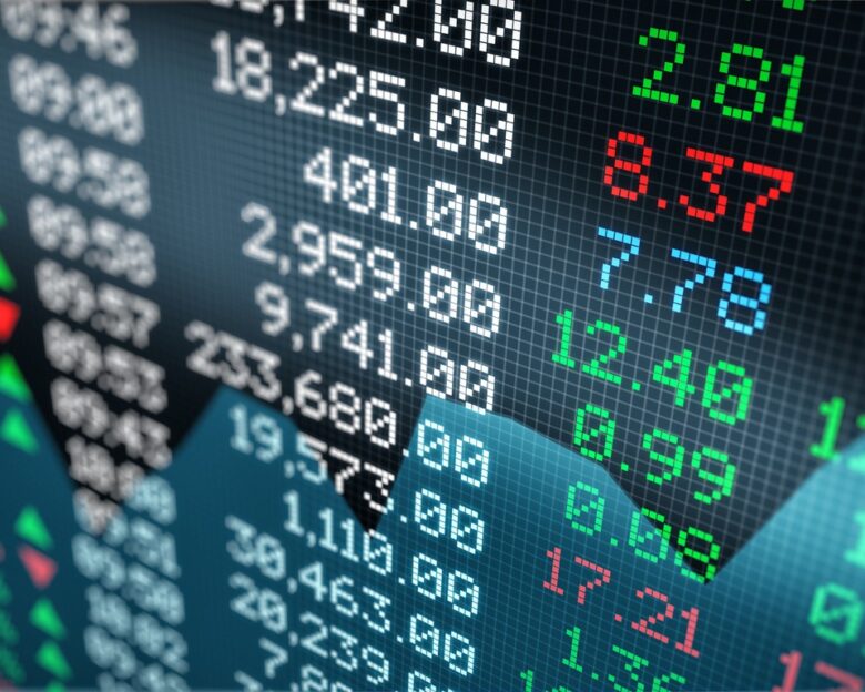close-up view of a stock market data board (3d render)
