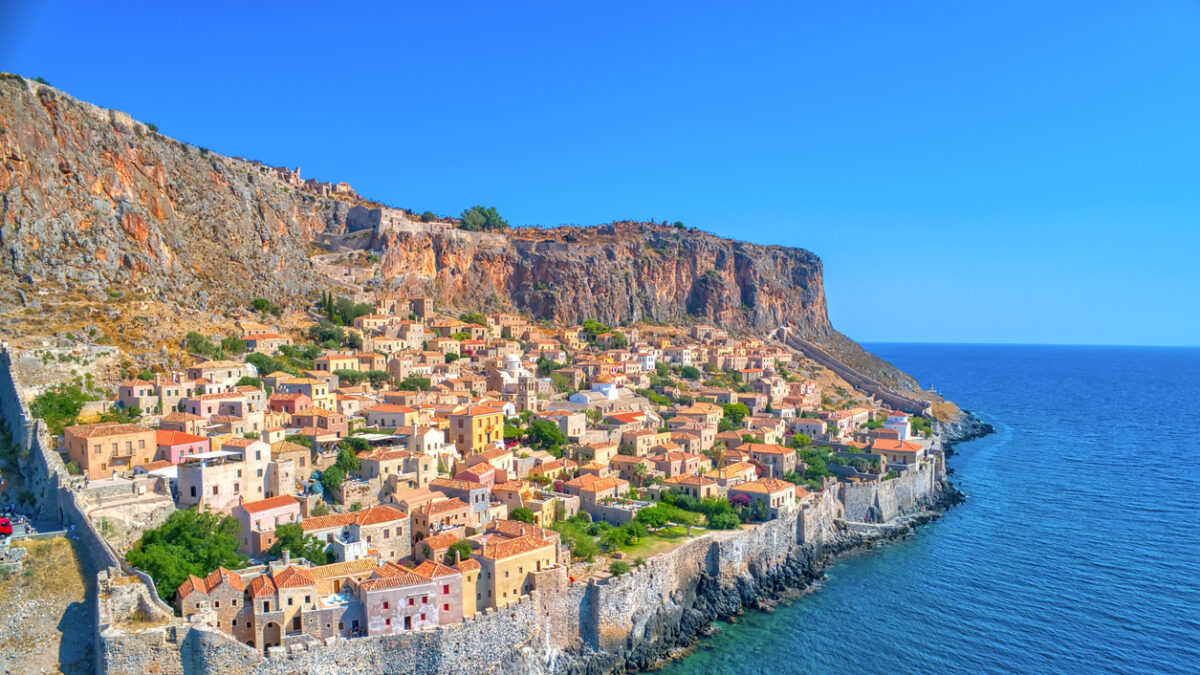 Aerial view of the old town of Monemvasia in Lakonia of Peloponnese, Greece. Monemvasia is often called "The Greek Gibraltar".