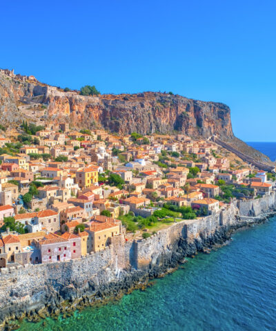 Aerial view of the old town of Monemvasia in Lakonia of Peloponnese, Greece. Monemvasia is often called "The Greek Gibraltar".