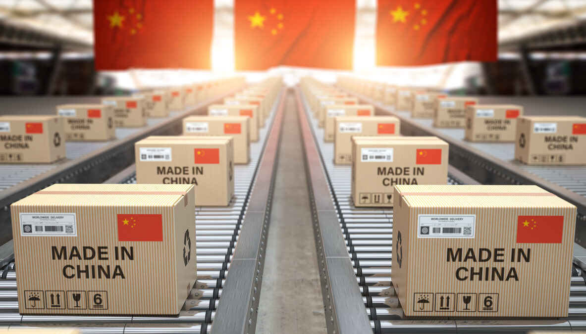 Made in China. Cardboard boxes with text made in China and chinese flag on the roller conveyor. 3d illustration