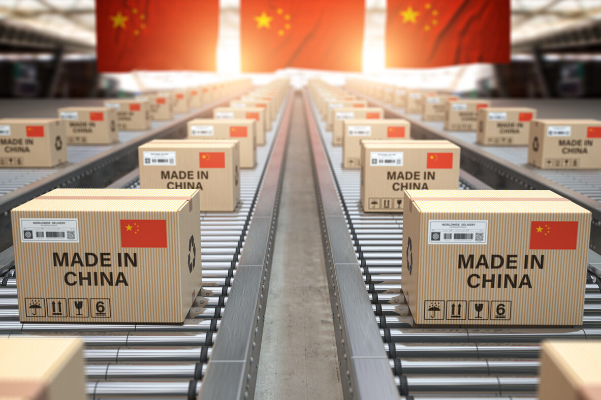 Made in China. Cardboard boxes with text made in China and chinese flag on the roller conveyor. 3d illustration
