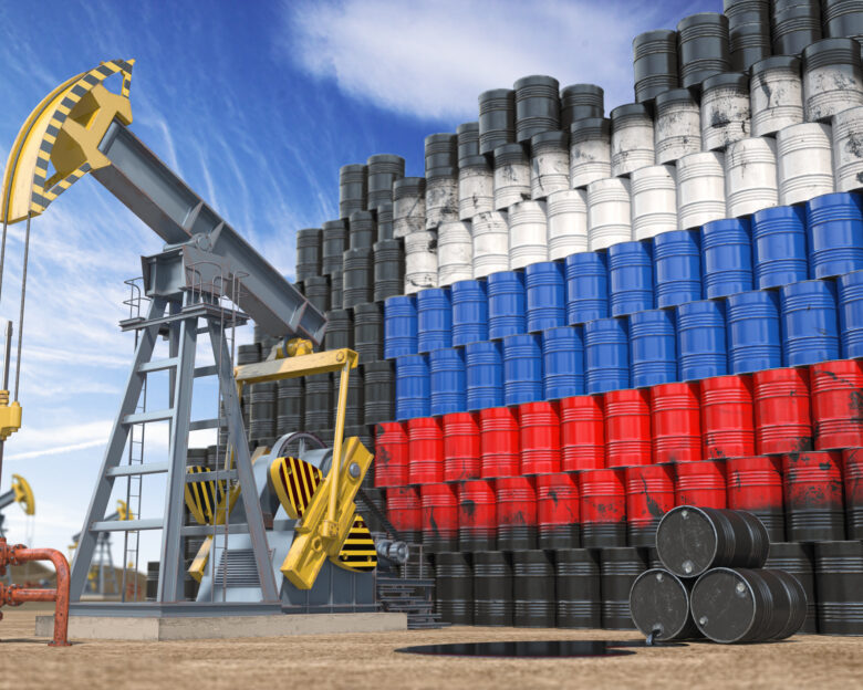 Oil production and extraction in Russia. Oil pump jack and oil barrels with Russia flag. 3d illustration