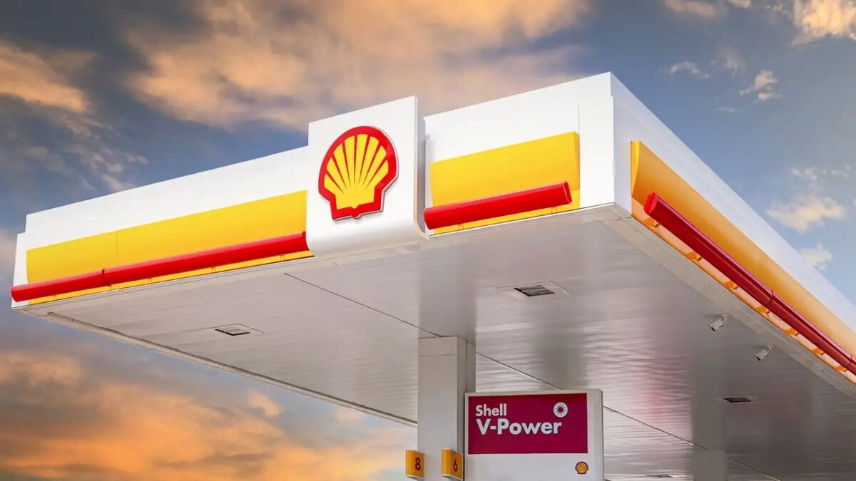 Shell gas station in sunny day. Shell V-power fuel station. Royal Dutch Shell is an Anglo-Dutch multinational oil and gas company