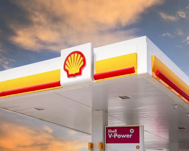 Shell gas station in sunny day. Shell V-power fuel station. Royal Dutch Shell is an Anglo-Dutch multinational oil and gas company