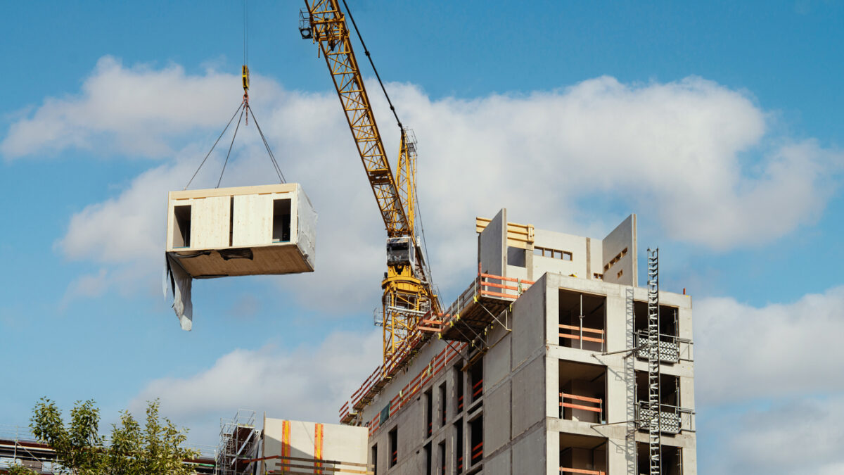 Construction site of an office building in Berlin. The new structure will be built in modular timber construction.