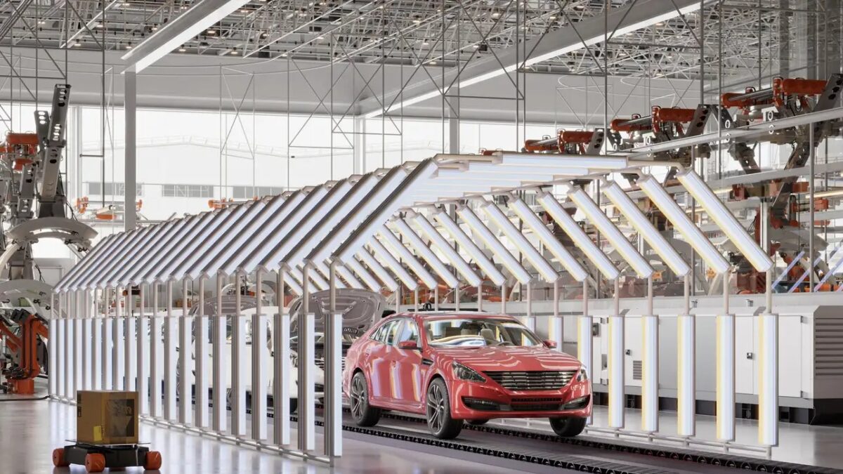 3d rendering of paint tunnel inspection in car manufacturing plant. Computer generated image of cars passing through a light tunnel for paint inspections in a smart factory.