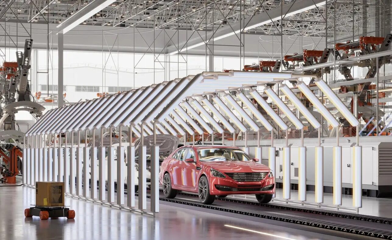 3d rendering of paint tunnel inspection in car manufacturing plant. Computer generated image of cars passing through a light tunnel for paint inspections in a smart factory.