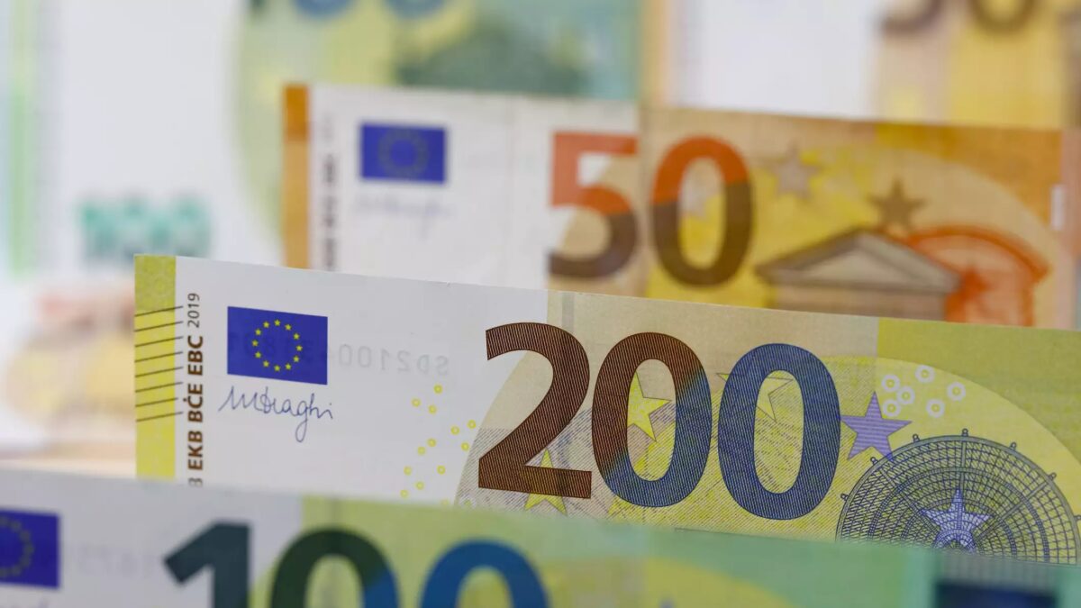 European Union banknotes placed next to each other. Euro banknotes are not made of paper, but of pure cotton fiber to improve their durability. EUR currency.