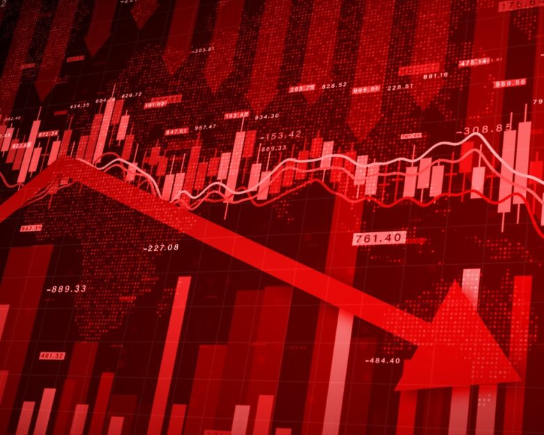 Recession Global Market Crisis Stock Red Price Drop Arrow Down Chart Fall, Stock Market Exchange Analysis Business And Finance, Inflation Deflation Investment Abstract Red Background 3d rendering