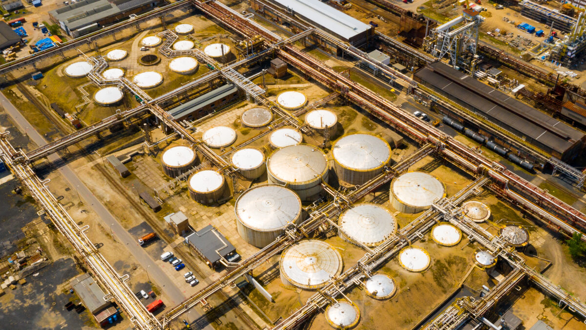 Strategic fuel storage tank from above. Gas and diesel reserve for emergency use in European Union.