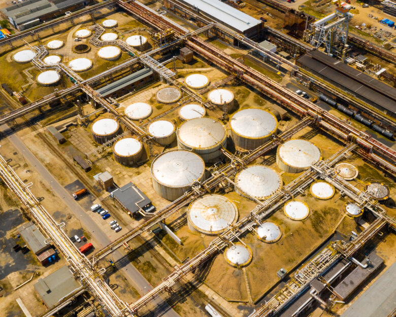 Strategic fuel storage tank from above. Gas and diesel reserve for emergency use in European Union.