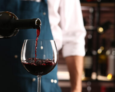 Bartender pouring red wine into glass indoors, closeup. Space for text