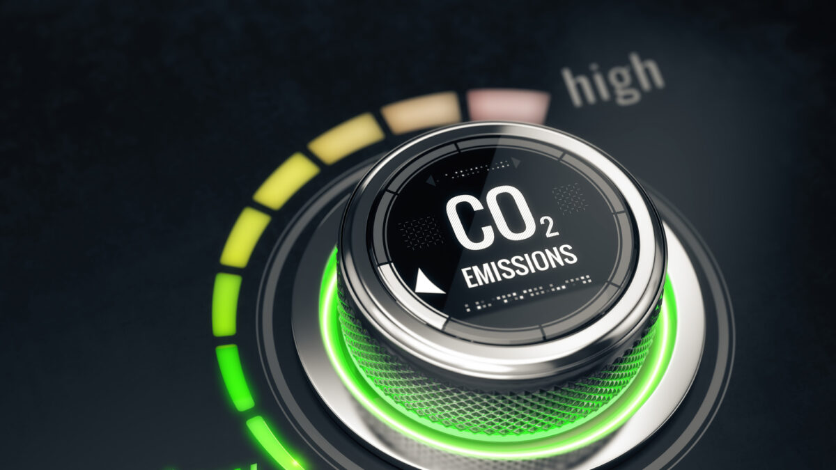 Reduce CO2 level concept. Carbon dioxide emissions control, CO2 level to the min position. 3d rendering