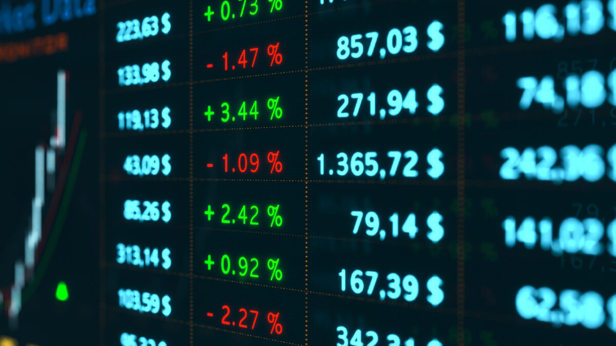 Monitor with information, percenateg signs, numbers, stock prices, charts and changes. Trading screen, investment, financial figures and market data. 3D illustration
