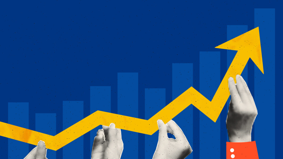 Business growth concept art collage. Halftone hands of colleagues holding rising arrow chart. Teamwork, work efficiency, partnership concept. Trendy modern retro vector illustration
