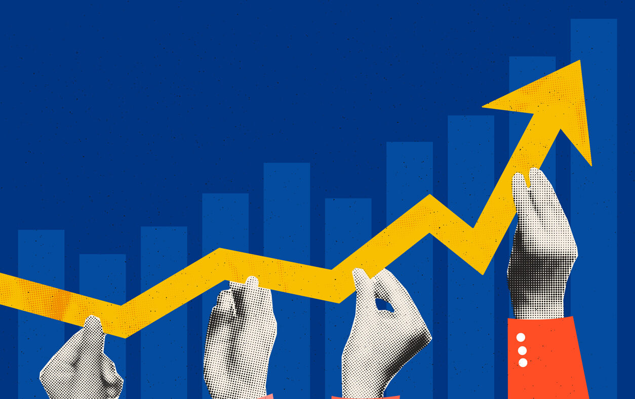 Business growth concept art collage. Halftone hands of colleagues holding rising arrow chart. Teamwork, work efficiency, partnership concept. Trendy modern retro vector illustration
