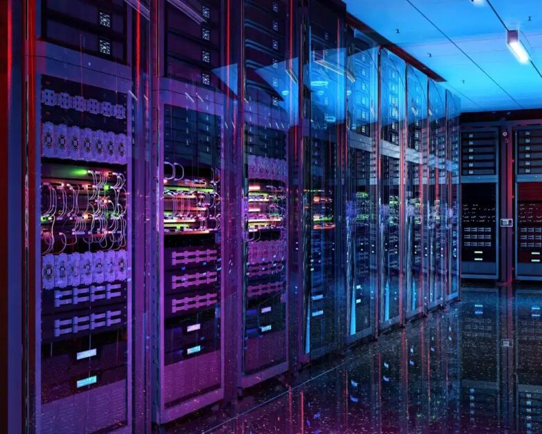 Data center server racks. IT modern hardware server room, data storage center, database information system. Hosting, it data backup, computing technology service, network security, artificial intelligence supercomputers, 3D mixed-media illustration
