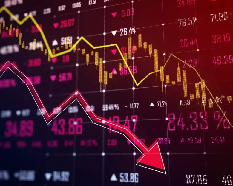 A digital stock market chart with a declining trend line on a dark screen, showing a downturn concept with red and yellow elements. 3D Rendering