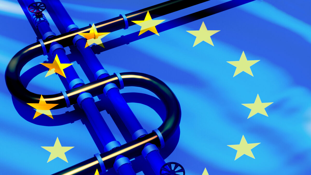 Pipeline and European Union flag. Transfer of gas or oil from Europe. Gas pipeline in EU. Reverse gas pipeline to countries of European Union. Pipe for transportation of energy resources. 3d image