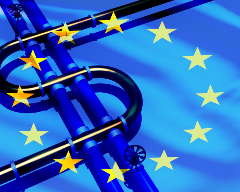 Pipeline and European Union flag. Transfer of gas or oil from Europe. Gas pipeline in EU. Reverse gas pipeline to countries of European Union. Pipe for transportation of energy resources. 3d image