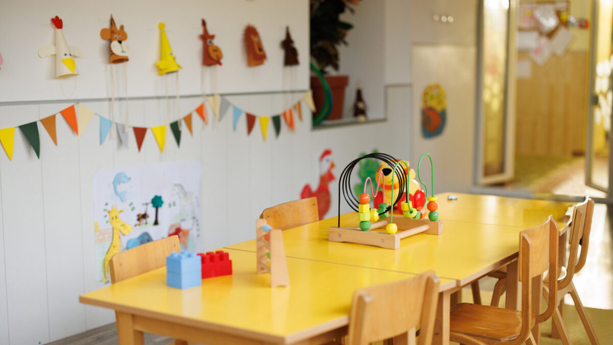Interior of a modern kindergarten classroom. No people