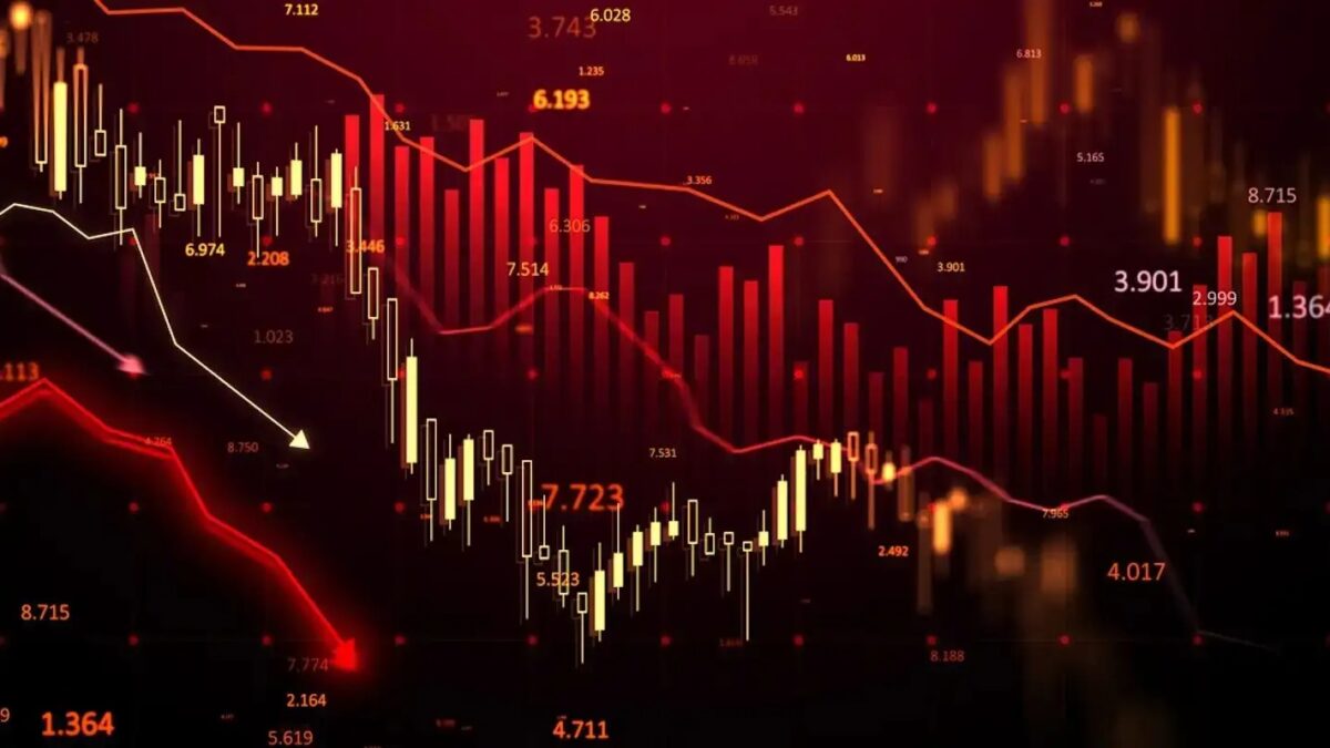 Financial chart with red candlesticks and arrows, glowing numbers, and a dark gradient background. Concept of a stock market crisis. 3D Rendering.